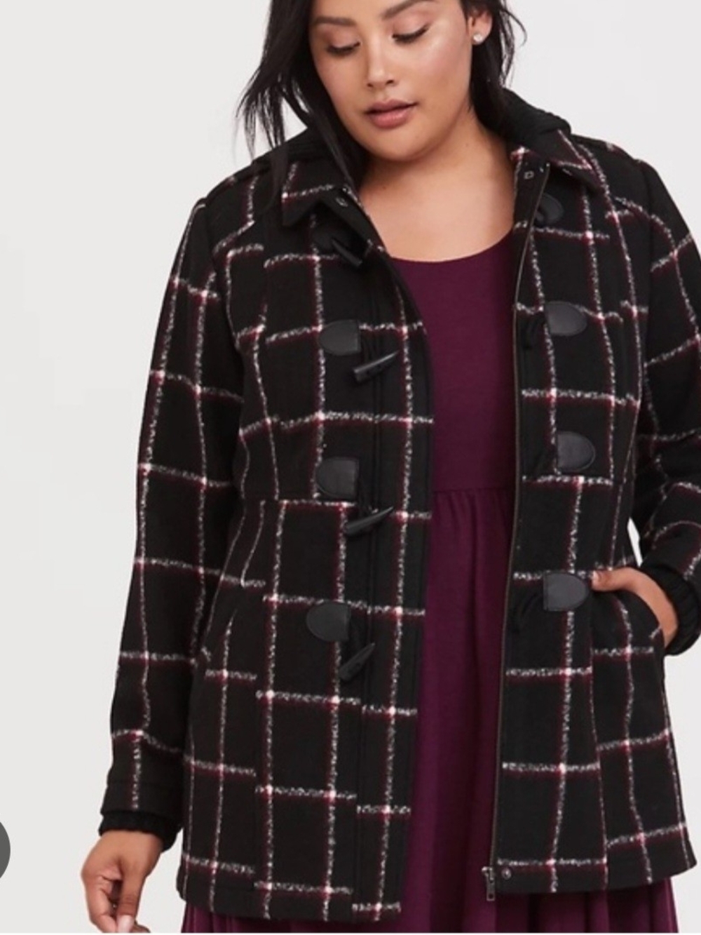 Torrid Sz 3 Black Plaid Toggle Pea Coat with Burgundy Windowpane